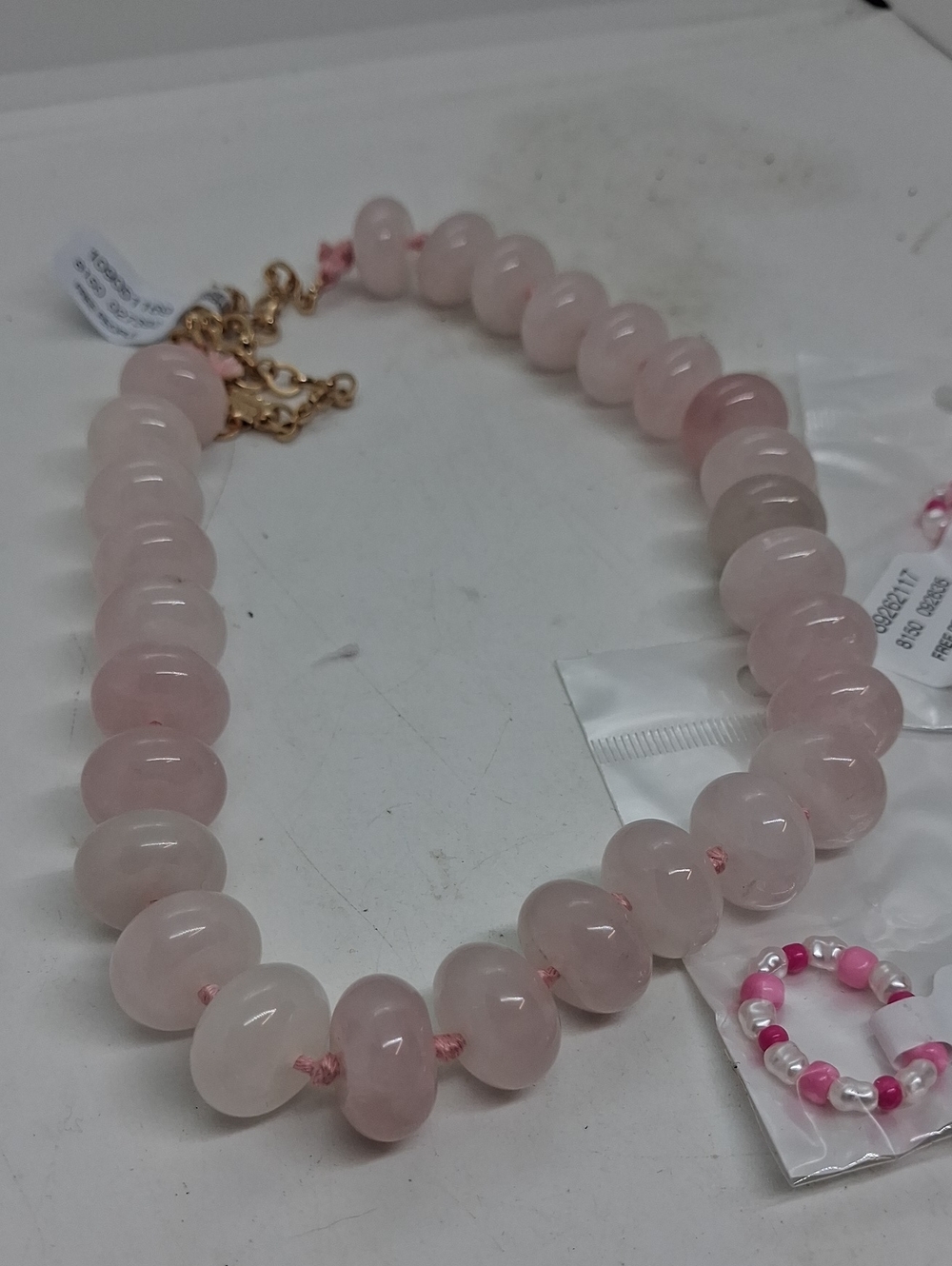 NWT Free People 4 Pc. Set  Pink Beaded Necklace with Gold Chain Accent & 3 Rings - Picture 2 of 5